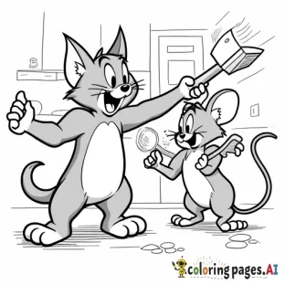 Tom the cat, and Jerry the mouse , hitting each other with hammers, comic book style, in a kitchen