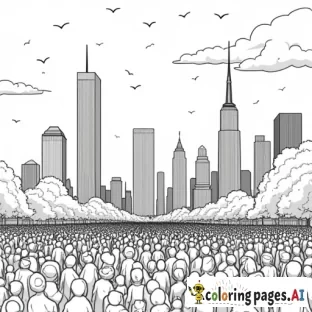 Tons of people in New York City with the Twin Towers in the background