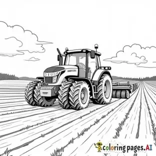 tractor plowing a farm field, lineart coloring page, simple bold outlines