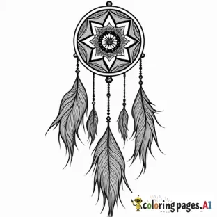 Tribal dreamcatcher mandala made with peacock feathers. Solid lines and only black and white so I can color. And the top circle incorporate chakras