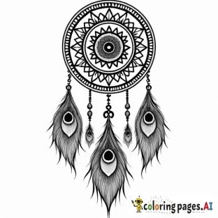 Tribal dreamcatcher mandala made with peacock feathers. Solid lines and only black and white so I can color