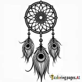 Tribal dreamcatcher mandala made with peacock feathers with lines that make it easy to color inside of