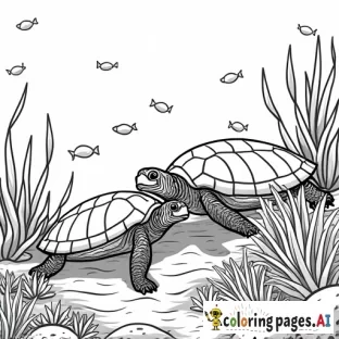 Turtles in a coral reef with exotic fish and plants