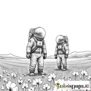 Two astronauts in a field of flowers