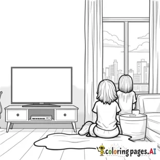 two girls hanging out in a living room watching tv,  with a window off to the side to see the city and sky,