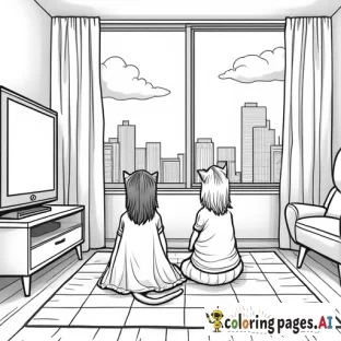 two girls hanging out in a living room watching tv with their cats,  with a window behind them to seen the city and sky,