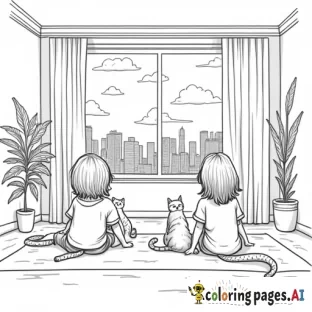 two girls hanging out in a living room watching tv with their cats,  with a window behind them to seen the city and sky,