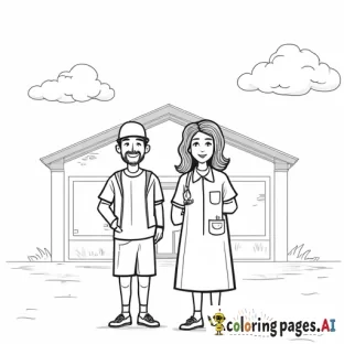 Two teachers standing in front of a school