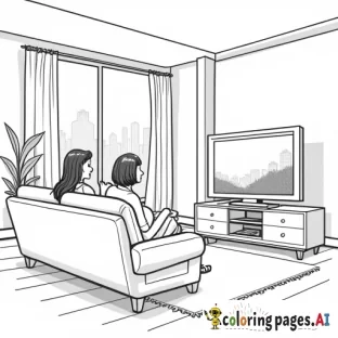 two women in a living room watching tv,  with a window off to the side to see the city and sky,