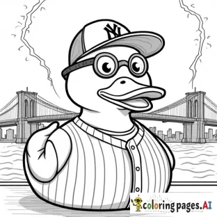 Uncolored coloring page of a rubber duck gangster wearing a Yankees jersey with Brooklyn bridge in the background at night with lightning striking, with the phrase "Spread Love"