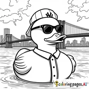 Uncolored coloring page of a rubber duck gangster wearing a Yankees jersey with Brooklyn bridge in the background at night with lightning striking, with the phrase "Spread Love"