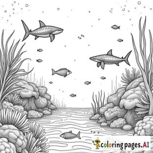 underwater sea life scenes with sharks, turtles, sunken ships, reefs, and other fish