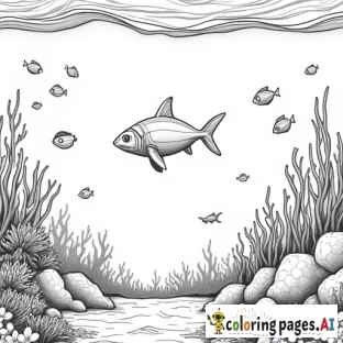 underwater sea life scenes with sharks, turtles, sunken ships, reefs, and other fish