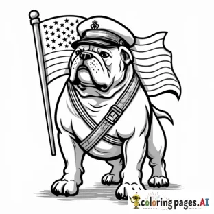 united states marine corp mascot tough looking bulldog  Standing on back legs0 only with an flag behind it saying usmc and eagle globe and anchor emblem wearing a usmc hat dressed in usmc clothes
