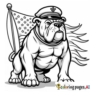 united states marine corp mascot tough looking bulldog  Standing on back legs only with an flag behind it saying usmc and eagle globe and anchor emblem wearing a usmc hat