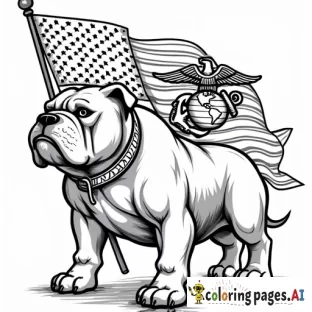 united states marine corp mascot tough looking bulldog with an flag behind it saying usmc and eagle globe and anchor emblem