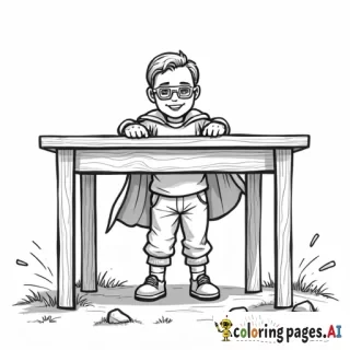 A superhero child in a cape with his whole body under a tall sturdy table taller than him during an earthquake