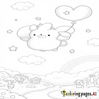 Cinnamoroll is flying through a dreamy sky with his big, floppy ears acting like wings, surrounded by fluffy clouds and twinkling stars. He’s holding a cute little balloon shaped like a heart, and there’s a trail of sparkles behind him as he floats happily. Below, there’s a small village with candy-like houses and a winding river, giving the scene a whimsical and magical feeling. His puppy friends are waving up at him from the ground, and in the distance, a rainbow arcs across the sky. The scene is light, fun, and filled with large, simple shapes for kids to color.