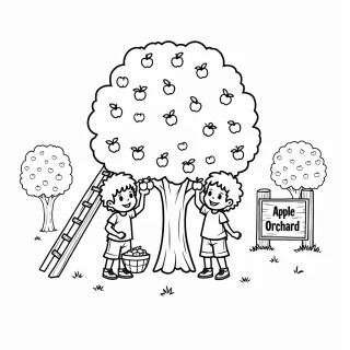 Two children are happily picking apples from a big apple tree. One child is reaching up to grab a shiny apple, while the other is holding a basket full of apples. There’s a ladder leaning against the tree, and in the background, there are more trees with bright red apples and a wooden sign that says ‘Apple Orchard’