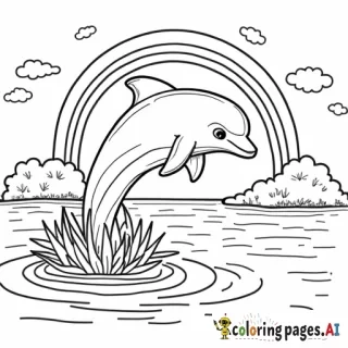 dolphin that is jumping out of the water, an there are rainbows and the sun behind the dolphin