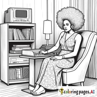 Vintage Vinyl Listening Room - A room dedicated to music, with a record player, headphones, and a collection of vinyl records with a woman of color in afro is wearing the summer wrap around dress with flowers on the dress