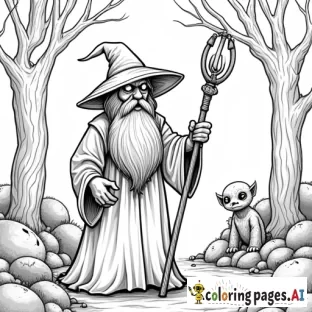 wizard holding a staff in a spooky forest with goblins