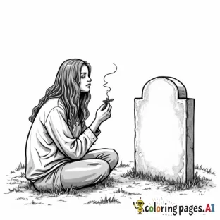 woman smoking a joint sitting on ground in front of headstone at a cematary