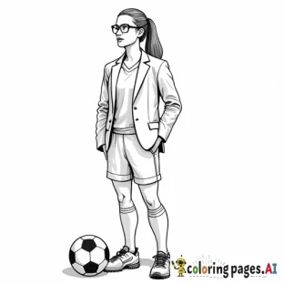 women's professional soccer coach with suit on standing next to a soccer ball
