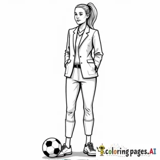 women's professional soccer coach with suit on standing next to a soccer ball