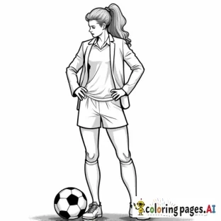 women's professional soccer coach with suit on standing next to a soccer ball