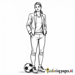 women's professional soccer coach with suit on standing next to a soccer ball