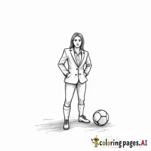 women's professional soccer coach with suit on standing next to a soccer ball