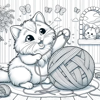 A friendly, fluffy cat with big, smiling eyes is happily playing with a ball of yarn. The yarn is unraveling all around, making fun loops and patterns. In the background, a cute little mouse peeks out from a small hole in the wall, holding a tiny piece of cheese. There are butterflies flying above the cat, and the sun is shining through a window, filling the room with warmth. The scene is playful and simple, with large spaces for coloring.