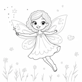 Almila, a 5-year-old girl with beautiful curly hair, is transformed into a magical winged fairy. She’s wearing a sparkling dress with delicate, butterfly-like wings that shimmer in the light. Almila’s curly hair flows around her face, and she has a joyful smile as she hovers above a meadow filled with colorful flowers. Tiny sparkles and fairy dust trail behind her as she waves a tiny wand. In the background, there’s a glowing moon, and a few fireflies are dancing around, creating a dreamy, enchanted forest scene. The overall atmosphere is magical and full of wonder, with large, gentle shapes perfect for coloring.