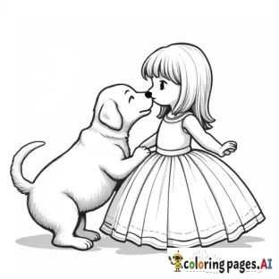 yellow lab puppy licking the face of a 7 year old girl in a ball gown with bangs and shoulder length wavey hair
