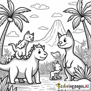 A group of playful cats is having an adventure in a land of friendly dinosaurs! One curious cat is riding on the back of a gentle brontosaurus, while another is playing with a small, happy triceratops. A kitten is batting at the tail of a stegosaurus, and in the background, a big T-rex is smiling and waving. The dinosaurs are colorful and friendly, with soft features, and the cats are full of energy, climbing and exploring the prehistoric world. The scene is set in a lush jungle with palm trees, volcanoes in the distance, and plenty of fun details like rocks and flowers. The large shapes of the dinosaurs and cats make this scene perfect for kids to color.