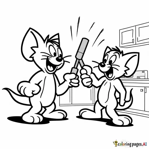 Tom and Jerry hitting each other with hammers, comic book style, in a kitchen