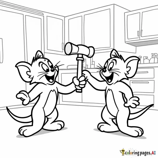 Tom and Jerry, hitting each other with hammers, comic book style, in a kitchen