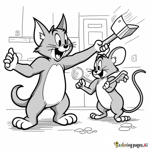 Tom the cat, and Jerry the mouse , hitting each other with hammers, comic book style, in a kitchen