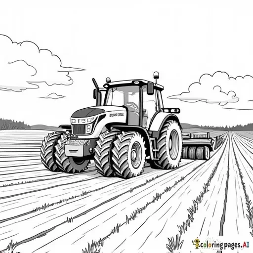 tractor plowing a farm field, lineart coloring page, simple bold outlines