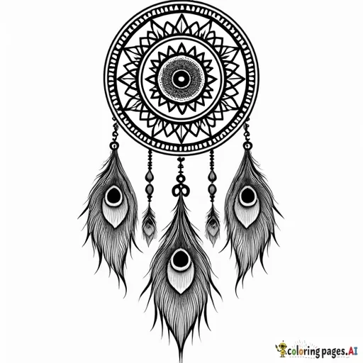Tribal dreamcatcher mandala made with peacock feathers. Solid lines and only black and white so I can color