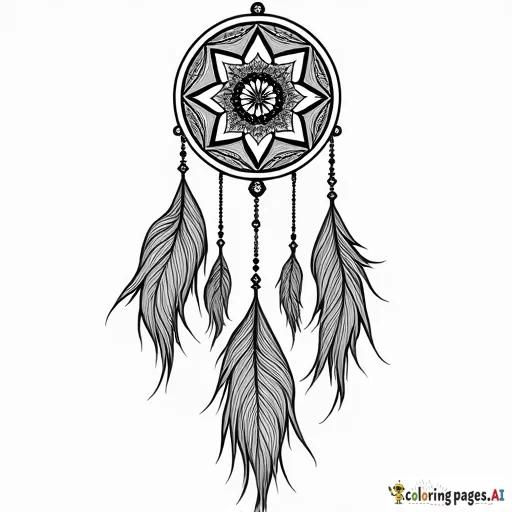 Tribal dreamcatcher mandala made with peacock feathers. Solid lines and only black and white so I can color. And the top circle incorporate chakras