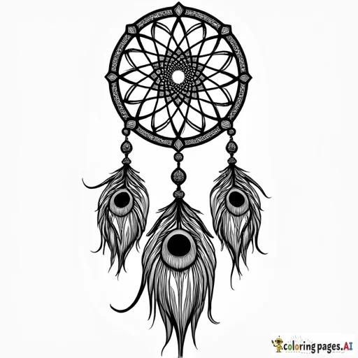 Tribal dreamcatcher mandala made with peacock feathers with lines that make it easy to color inside of