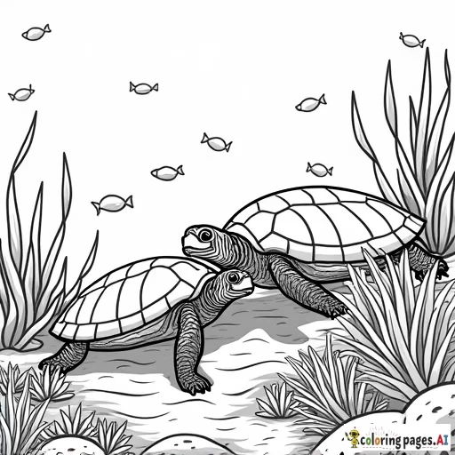 Turtles in a coral reef with exotic fish and plants