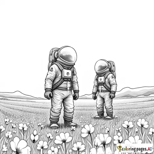 Two astronauts in a field of flowers