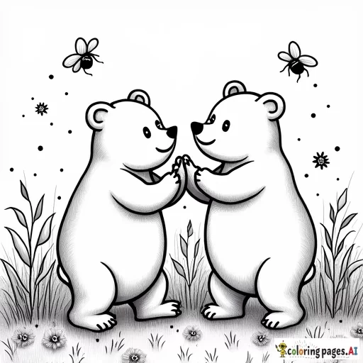 two bears dancing in meadow with bees