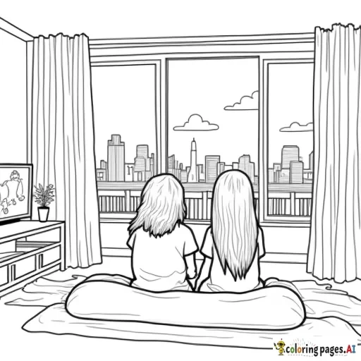 two girls hanging out in a living room watching tv,  with a window behind them to seen the city and sky,