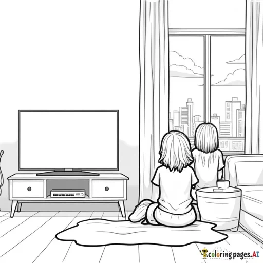 two girls hanging out in a living room watching tv,  with a window off to the side to see the city and sky,