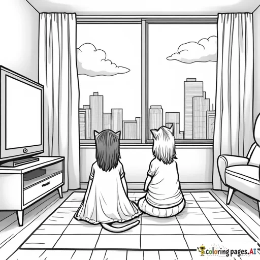 two girls hanging out in a living room watching tv with their cats,  with a window behind them to seen the city and sky,