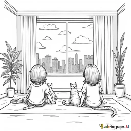 two girls hanging out in a living room watching tv with their cats,  with a window behind them to seen the city and sky,